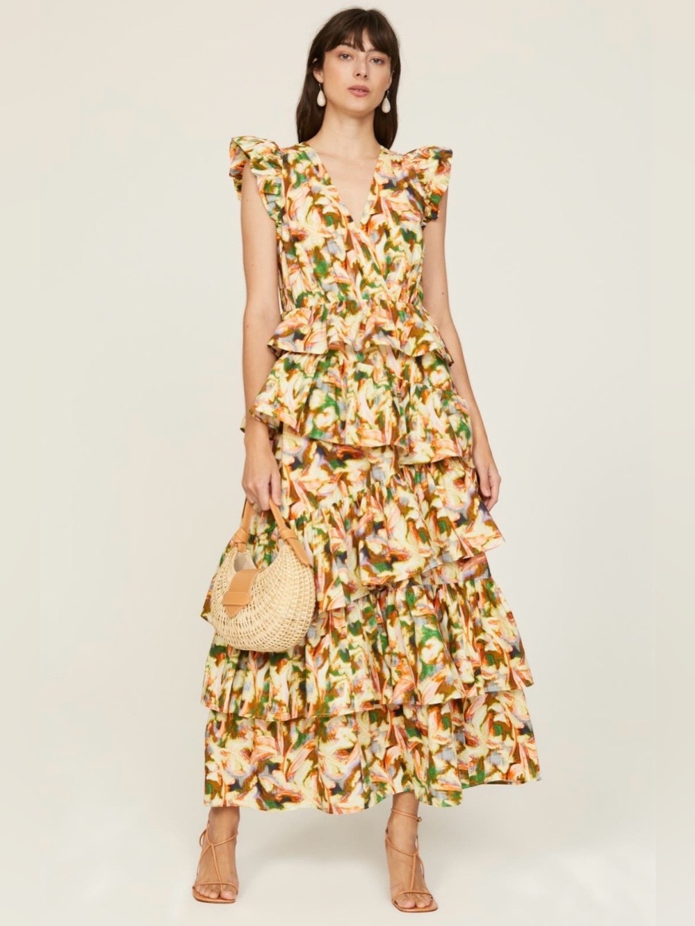 Marie Oliver~Cream and Green Floral Ruffle Tiered Marisol Maxi Dress~Size 4~$458